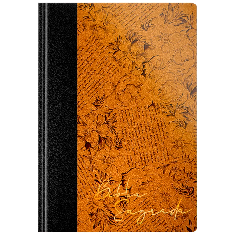 Bíblia Sagrada NVT, capa luxo duotone laranja com flores e detalhes em preto, letra grande. — Plenitude