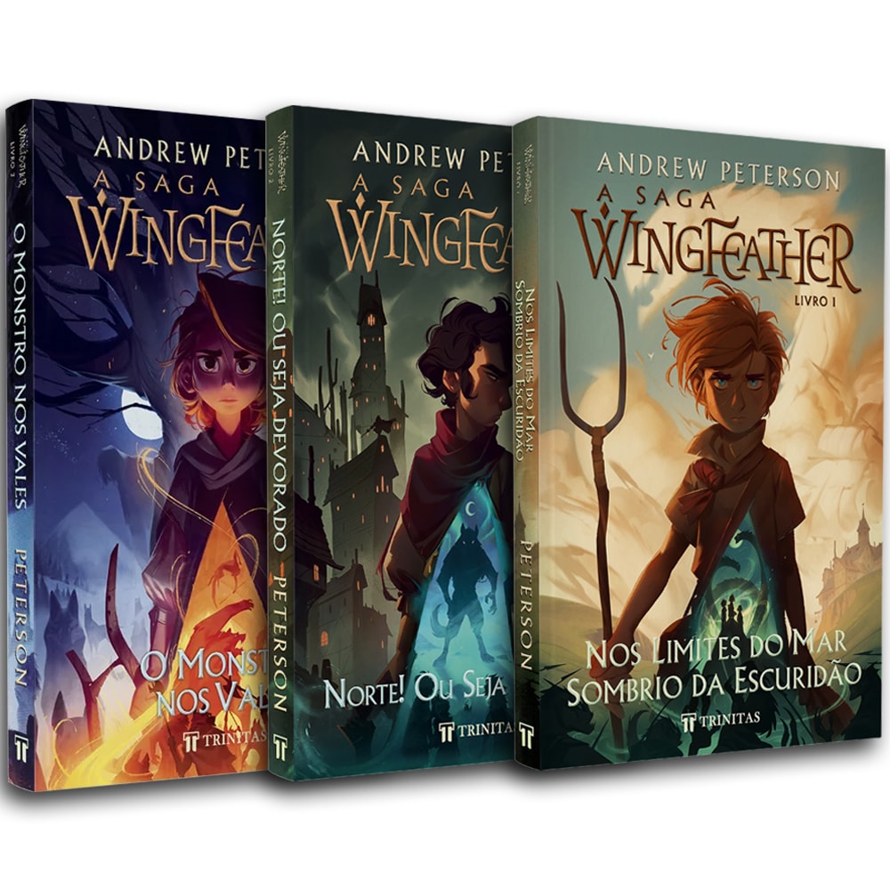 Kit de 3 livros da Saga Wingfeather, de Andrew Peterson. Capas ilustradas com personagens e cenários fantásticos. — Plenitude