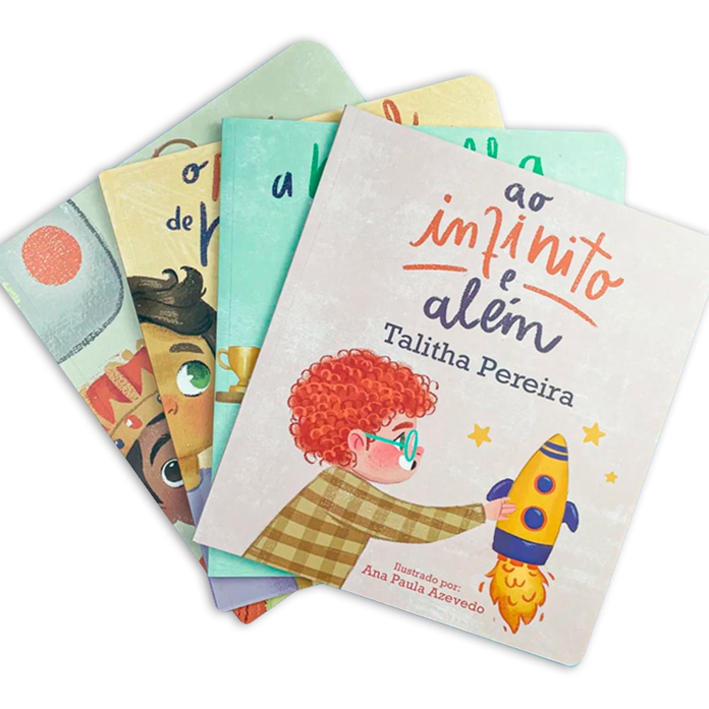Kit Livros Infantis Talitha Pereira com cinco livros de capa comum, o da frente com título 'Ao Infinito e Além' e ilustração de menino com foguete. — Plenitude