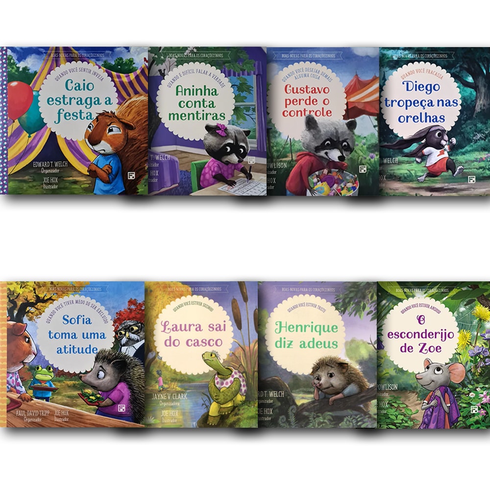 Kit Livros Infantis Boas-Novas para os Coraçõezinhos com oito livros de capa comum, cada um com uma ilustração de animal. — Plenitude