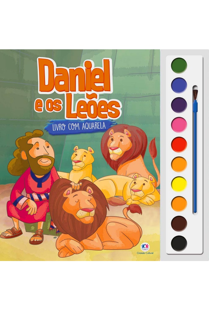 Livro infantil "Daniel e os Leões Livro com Aquarela", capa verde com Daniel e leões, e paleta de tintas. — Plenitude