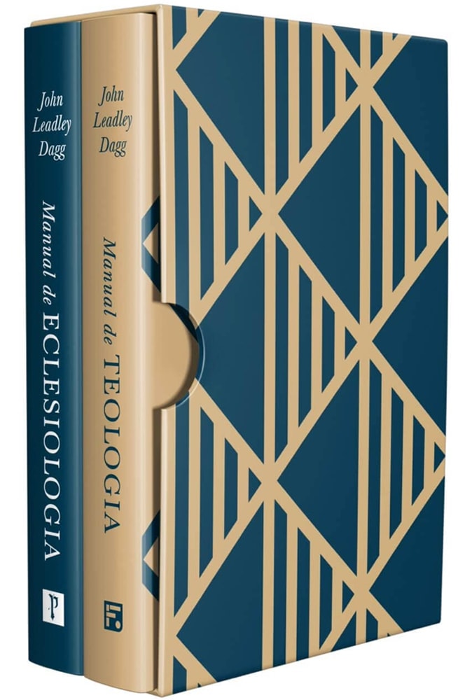 Box de livros Manual de Teologia e Eclesiologia, capa azul e bege com padrões geométricos. — Plenitude
