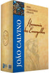 Livro Box Harmonia dos Evangelhos, da Série Comentários Bíblicos de João Calvino, capa bege e azul. — Plenitude