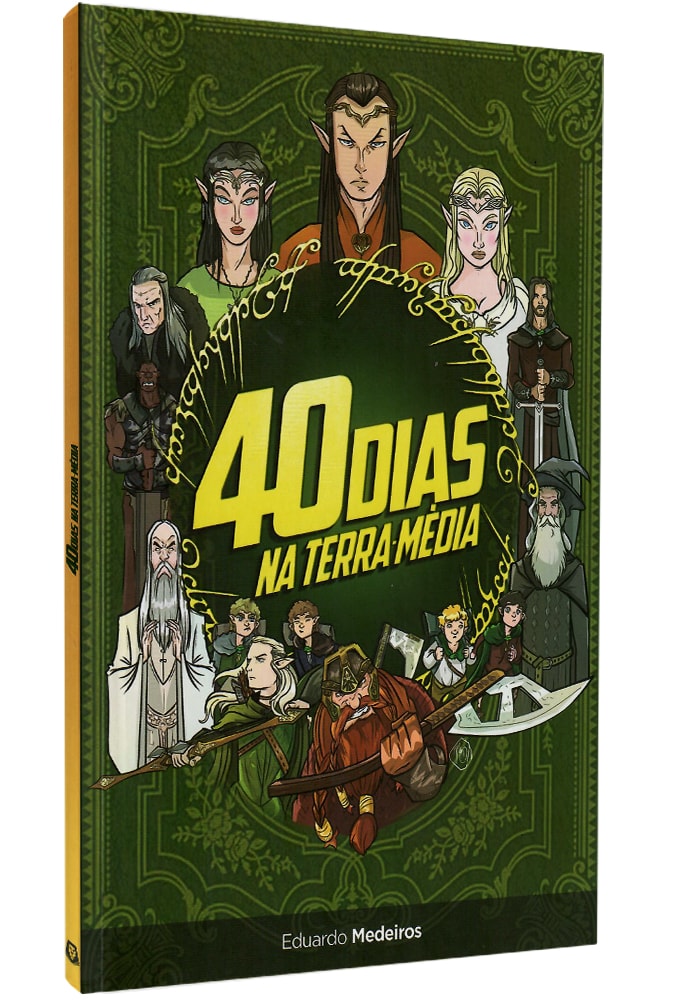Livro "Devocional 40 Dias na Terra-Média" de Eduardo Medeiros, capa verde com personagens de fantasia. — Plenitude