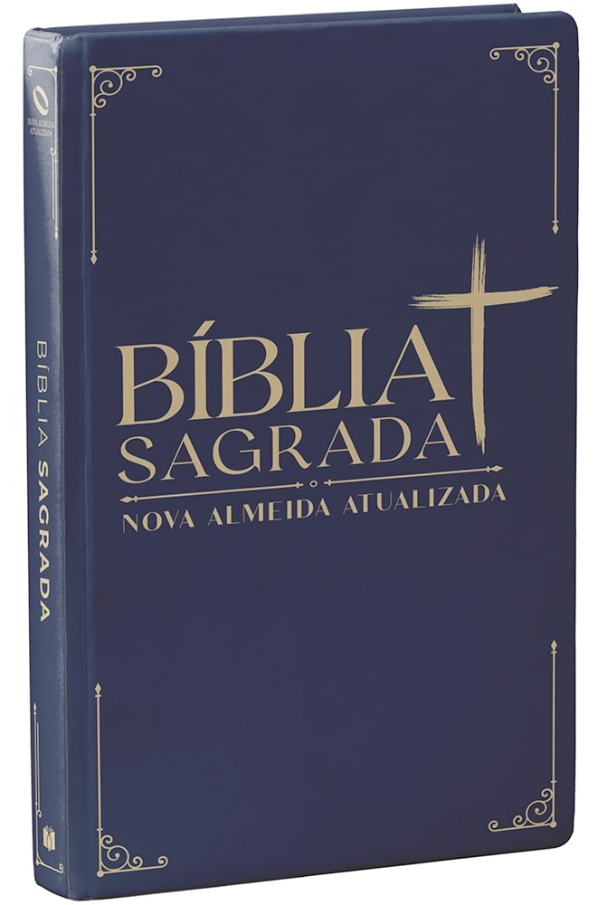Bíblia Sagrada Nova Almeida Atualizada, capa dura azul marinho com detalhes dourados e cruz, letra normal. — Plenitude