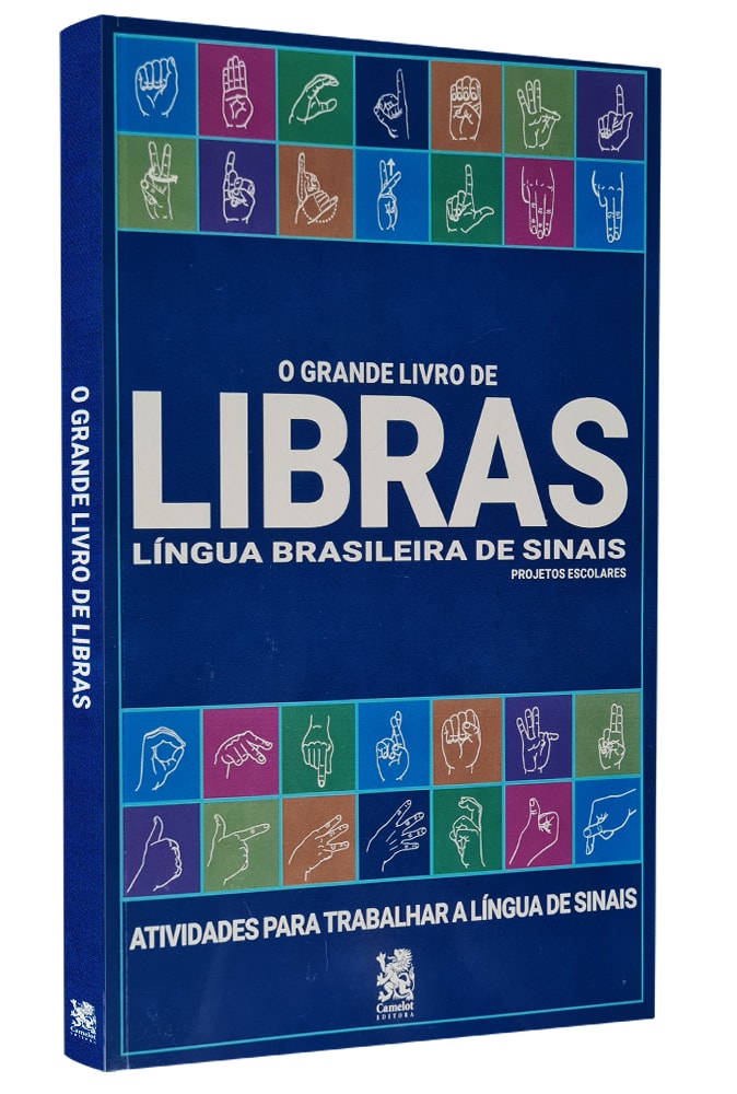 Livro O Grande Livro de Libras, capa azul com ilustrações de sinais da Língua Brasileira de Sinais. — Plenitude