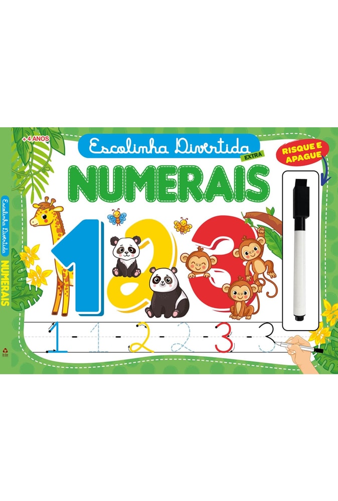 Escolinha Divertida Numerais, livro de atividades risque e apague, capa verde com números e animais. — Plenitude