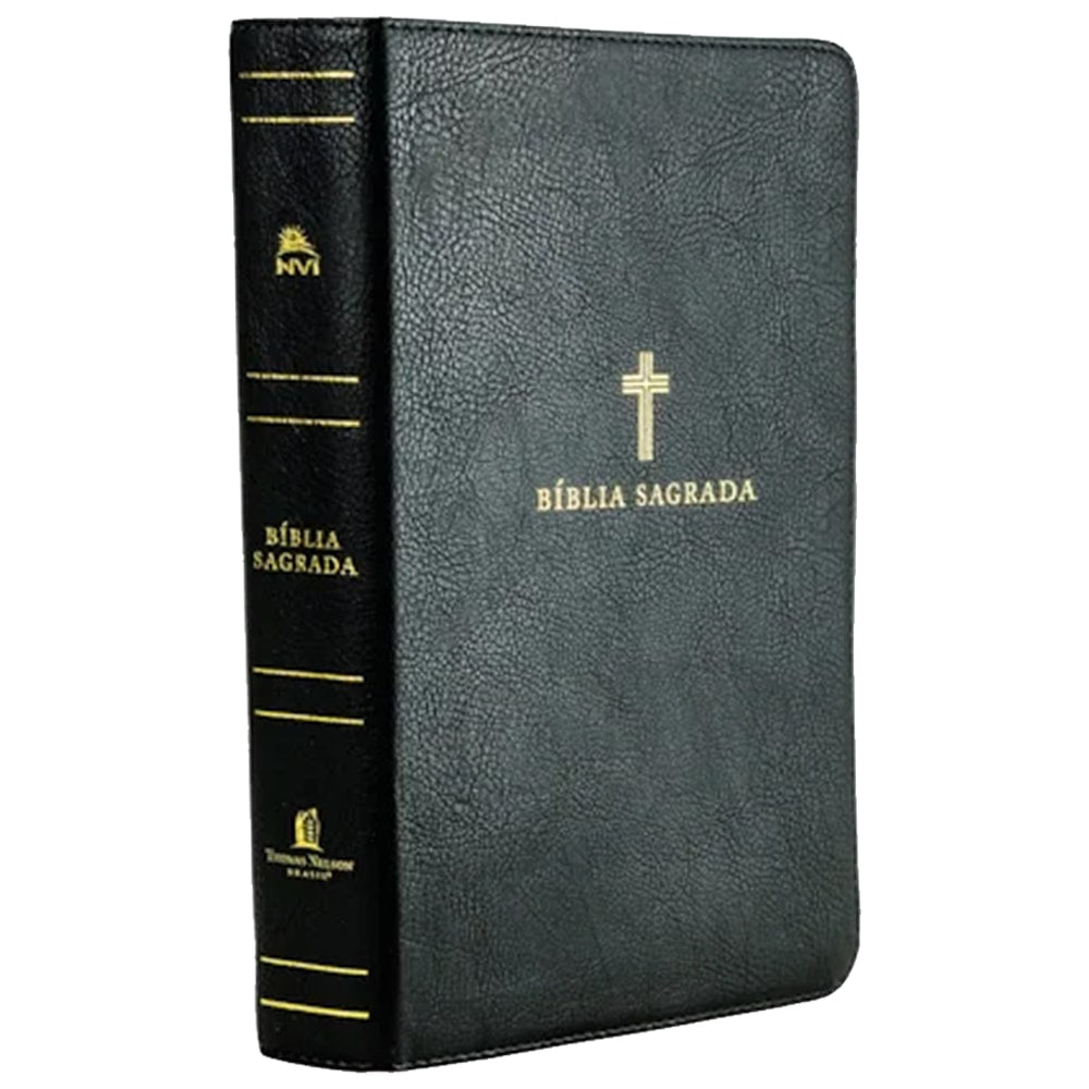 Bíblia Sagrada NVI, capa preta em couro soft, com cruz e "Bíblia Sagrada" em dourado. — Plenitude