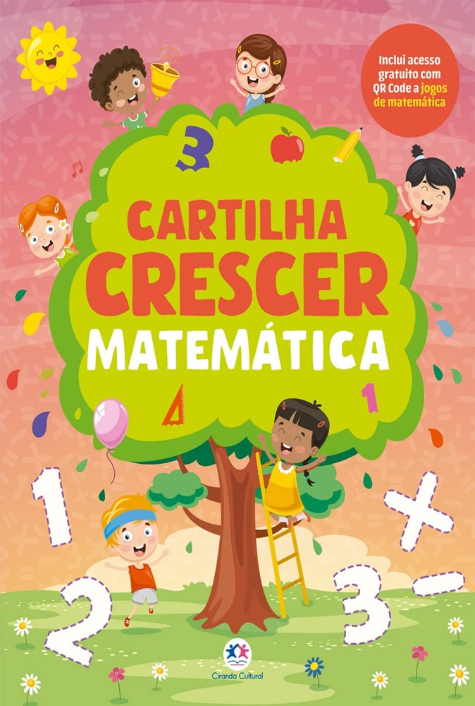 Cartilha Crescer Matemática, capa colorida com crianças e árvore de números, inclui acesso a jogos. — Plenitude