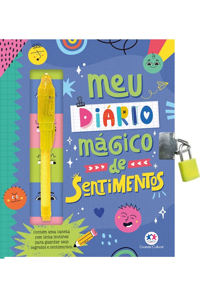 Diário mágico de sentimentos, capa azul com desenhos coloridos, caneta invisível e cadeado. — Plenitude