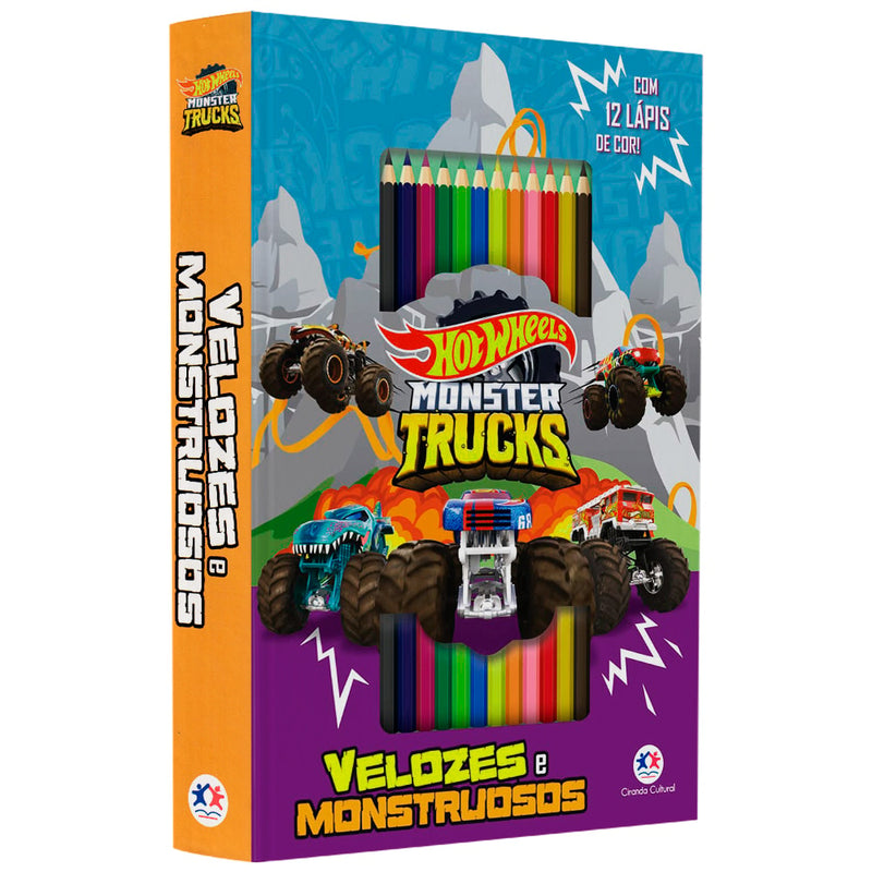 Livro Hot Wheels Velozes e Monstruosos, capa roxa e laranja com carros e lápis de cor. — Plenitude