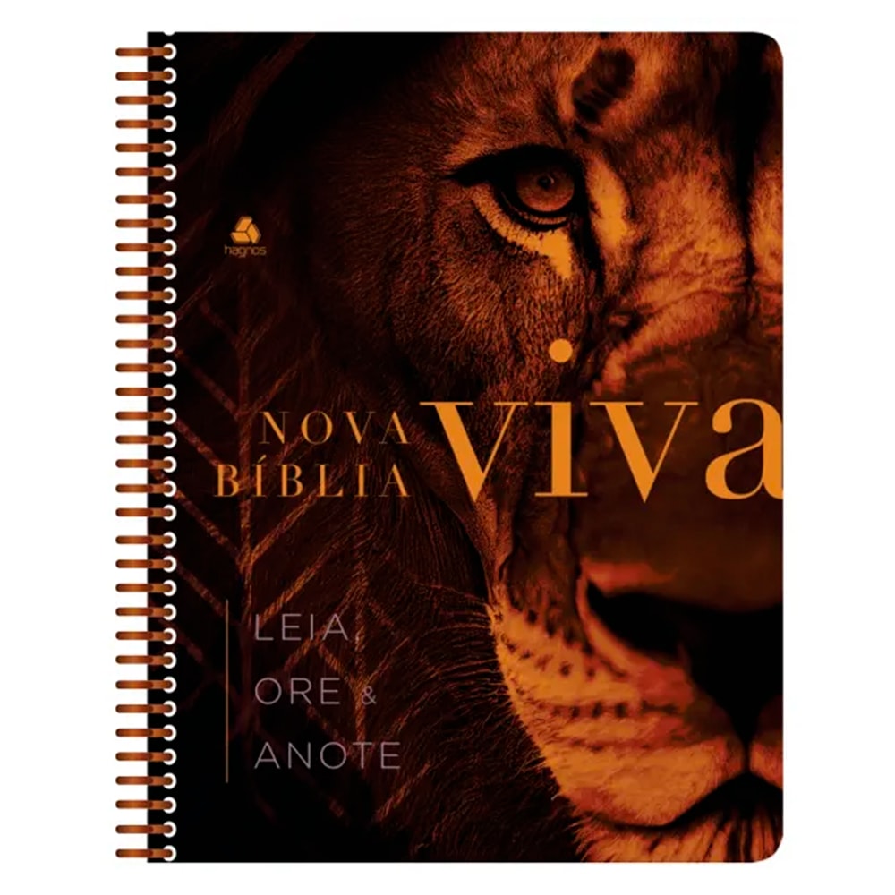 Bíblia Nova Viva espiral capa dura, leão em tons de laranja e marrom, com espaço para anotações. — Plenitude