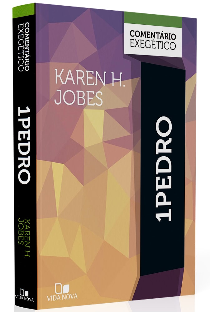 Livro Comentário Exegético 1 Pedro, capa com formas geométricas coloridas em tons de roxo e verde. — Plenitude