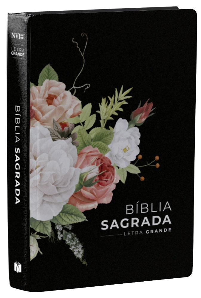 Bíblia Sagrada Preta Rosas, NVI, capa dura preta com buquê de rosas coloridas. — Plenitude