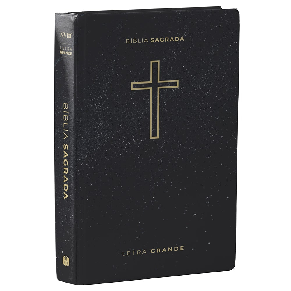 Bíblia Sagrada NVI Letra Grande, capa dura preta com cruz dourada e detalhes de pontos brancos. — Plenitude