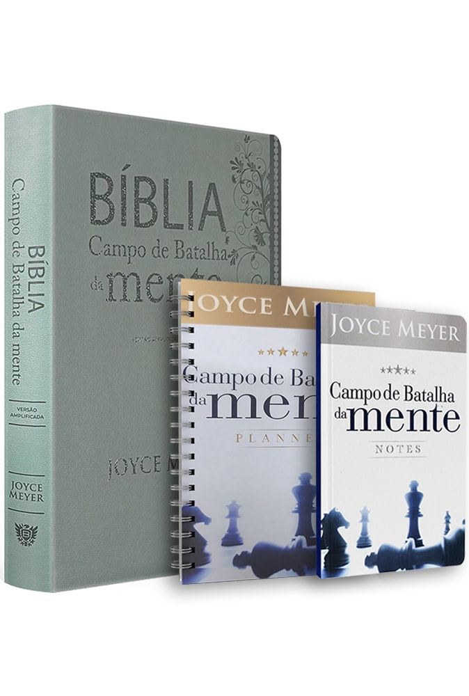 Kit Bíblia Campo de Batalha da Mente Cinza de Joyce Meyer, capa cinza com detalhes florais e xadrez. — Plenitude