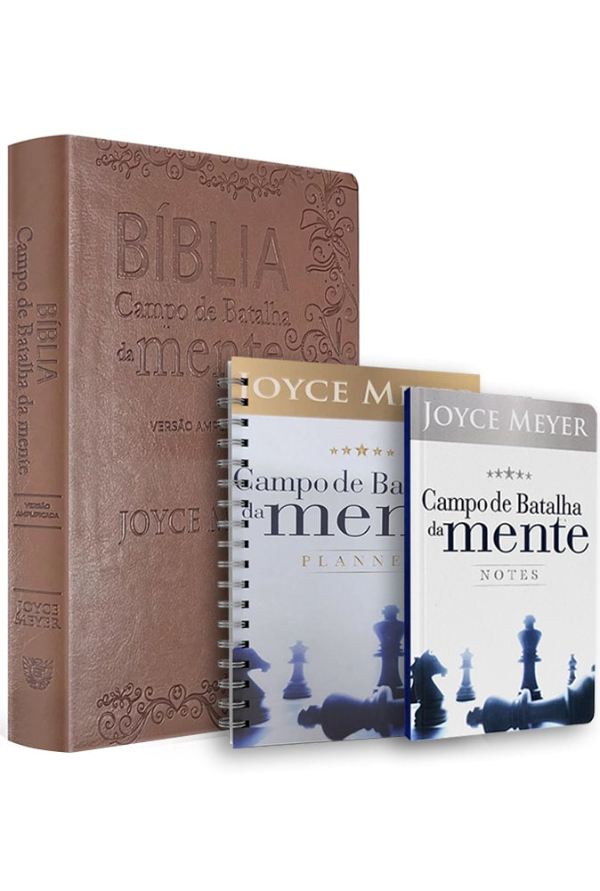 Kit Bíblia Campo de Batalha da Mente Marrom de Joyce Meyer, capa marrom com detalhes florais e xadrez. — Plenitude