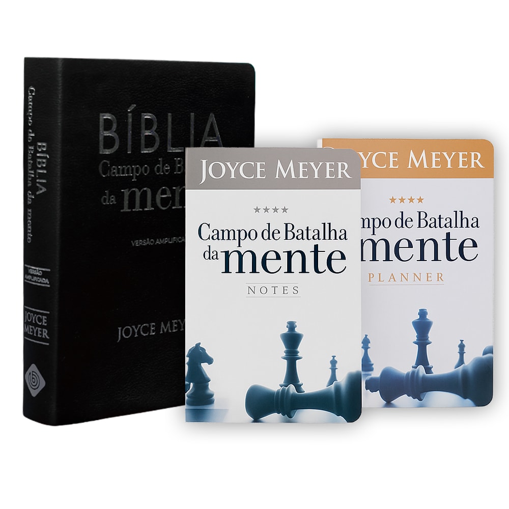 Kit Bíblia Campo de Batalha da Mente Preta de Joyce Meyer, capa preta com xadrez. — Plenitude