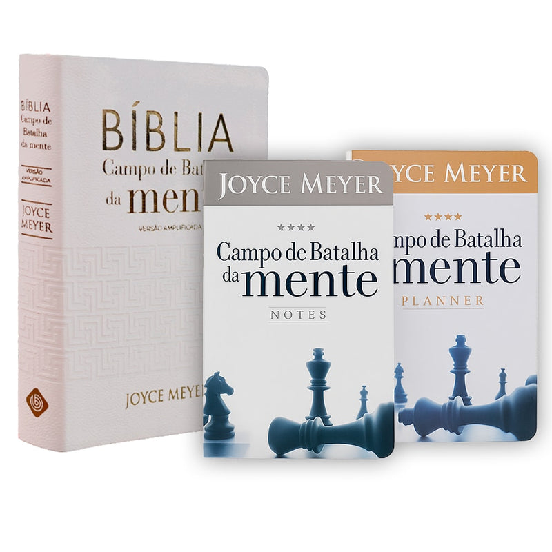 Kit Bíblia Campo de Batalha da Mente Branca de Joyce Meyer, capa branca com xadrez. — Plenitude