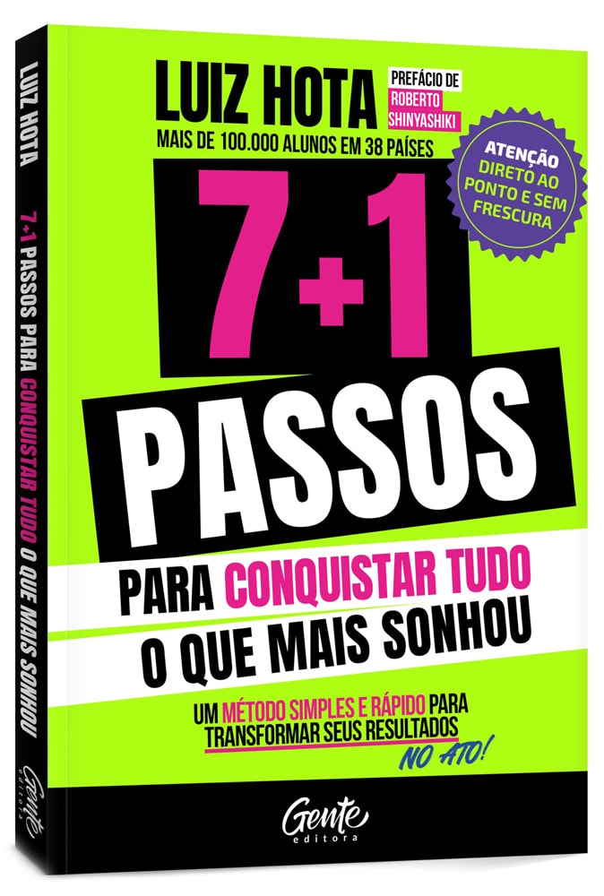 Livro 7+1 Passos para conquistar tudo que mais sonhou, capa comum, verde limão e rosa. — Plenitude