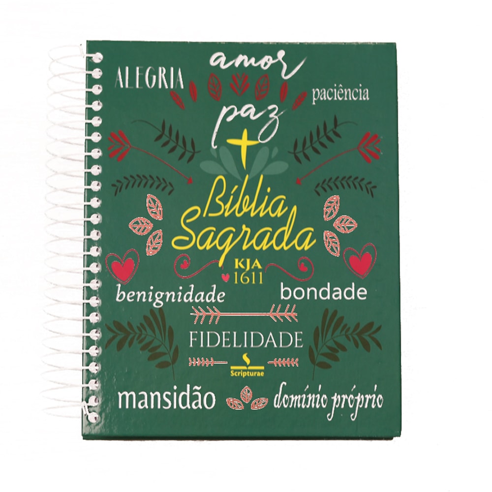 Bíblia Sagrada KJA 1611 espiral capa dura verde com palavras "amor, paz, alegria, paciência" e corações. — Plenitude