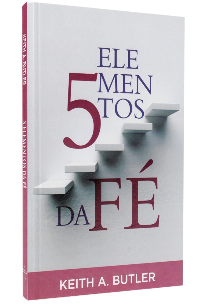 Capa do livro 5 Elementos da Fé, com fundo branco e letras vermelhas, e degraus brancos. — Plenitude