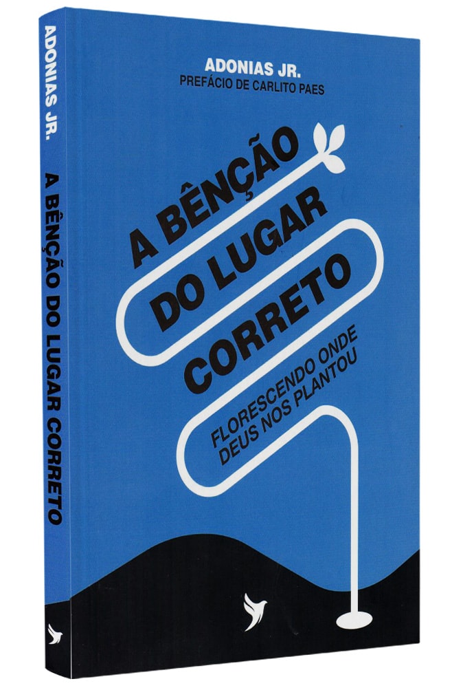 Livro A Bênção do Lugar Correto, de Adonias Jr., capa azul com texto branco e ilustração de planta. — Plenitude