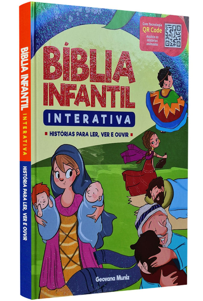 Livro Bíblia Infantil Interativa, de Geovana Muniz, capa colorida com ilustrações de personagens bíblicos. — Plenitude