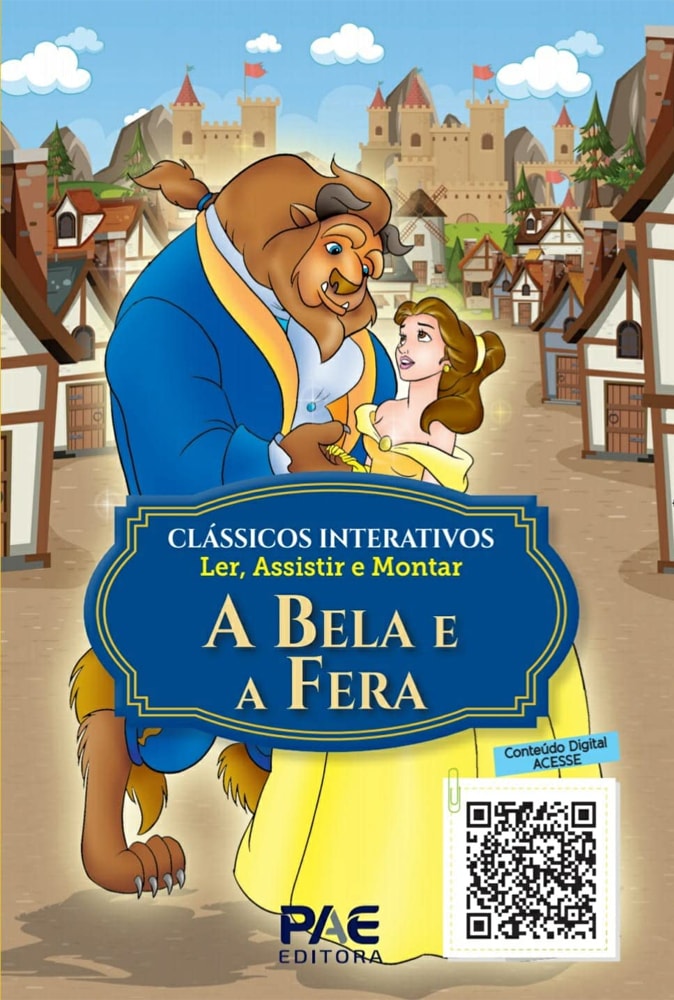 Livro Clássicos Interativos A Bela e a Fera, capa azul com ilustração da Bela e a Fera. — Plenitude