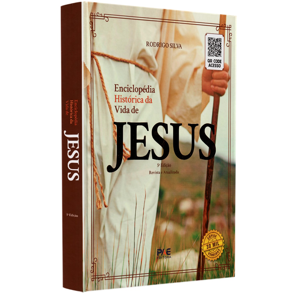 Livro "Enciclopédia Histórica da Vida de Jesus" com capa marrom e imagem de Jesus de costas com cajado. — Plenitude