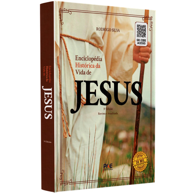 Livro "Enciclopédia Histórica da Vida de Jesus" com capa marrom e imagem de Jesus de costas com cajado. — Plenitude