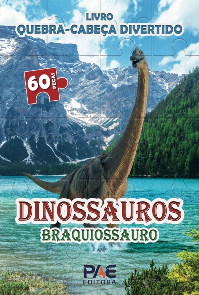 Livro Quebra-Cabeça Divertido Dinossauros Braquiossauro, capa com imagem de dinossauro e quebra-cabeça. — Plenitude