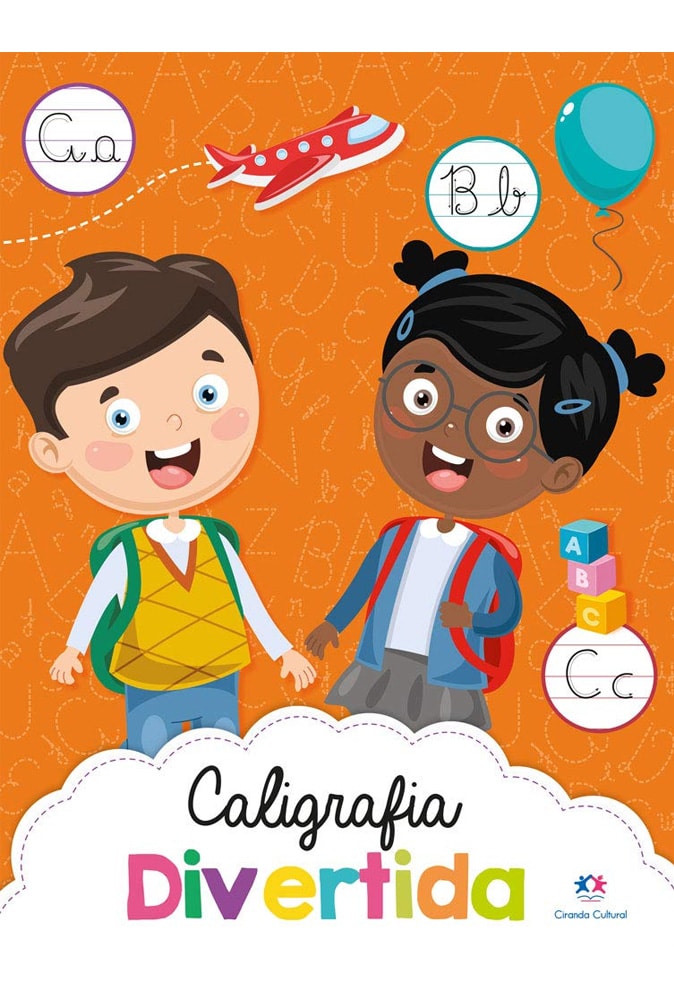 Livro infantil "Caligrafia Divertida", capa laranja com desenhos de duas crianças e letras. — Plenitude