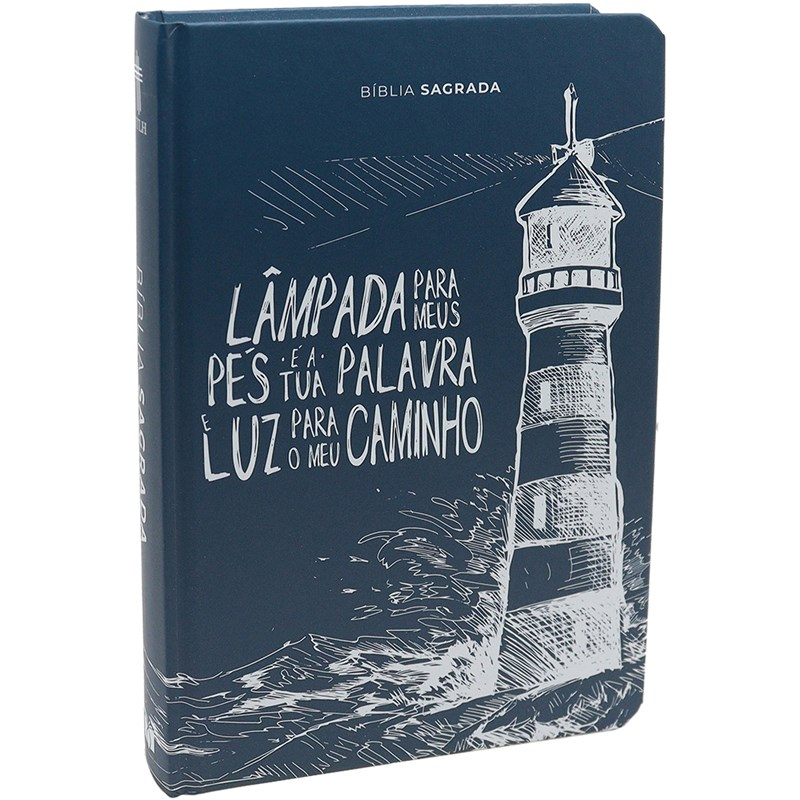 Bíblia Sagrada NTLH capa dura azul-marinho com farol e frase "Lâmpada para meus pés é a tua palavra e luz para o meu caminho" — Plenitude
