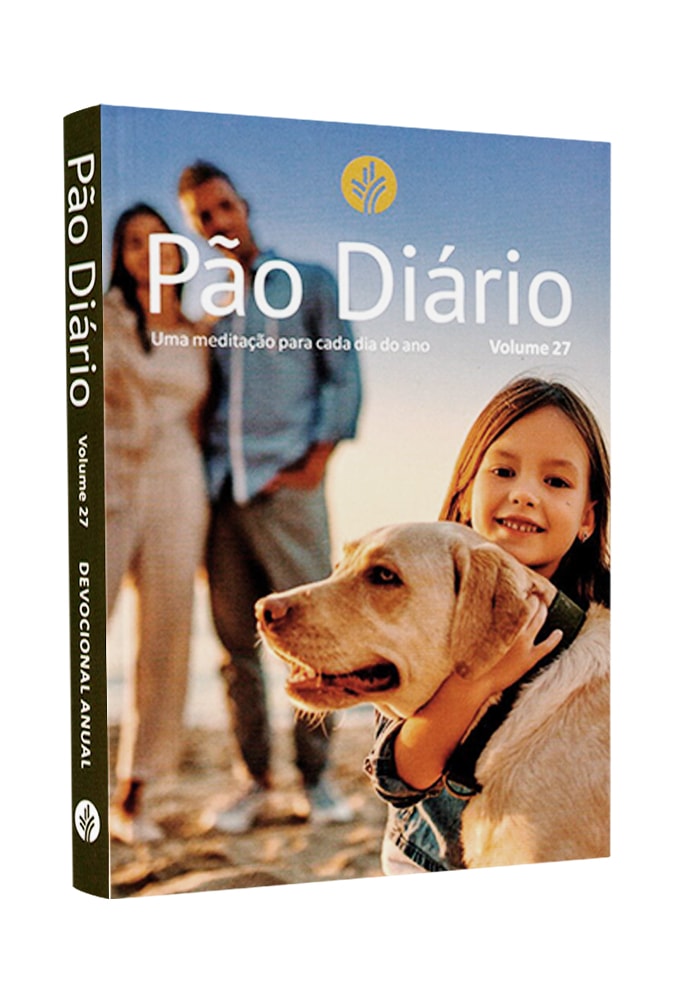 Devocional Pão Diário Vol. 27 Família, capa com menina, cachorro e pais ao fundo, azul e amarelo — Plenitude