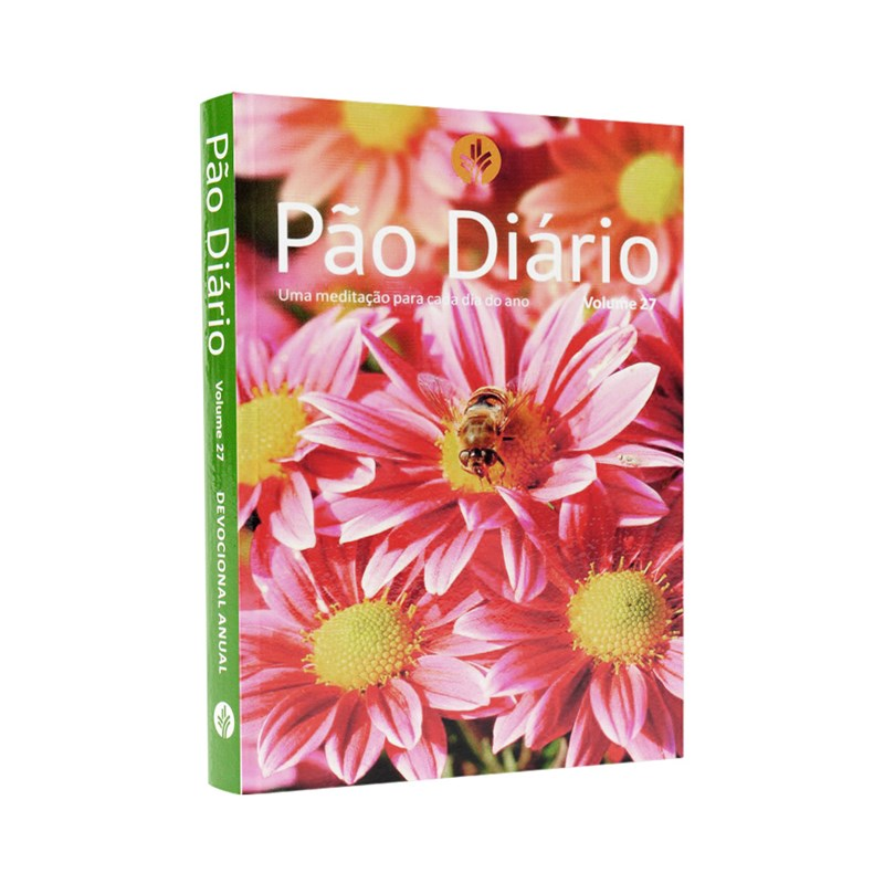 Devocional Pão Diário Vol. 27 Flores, capa com flores cor-de-rosa e abelha, verde e rosa — Plenitude