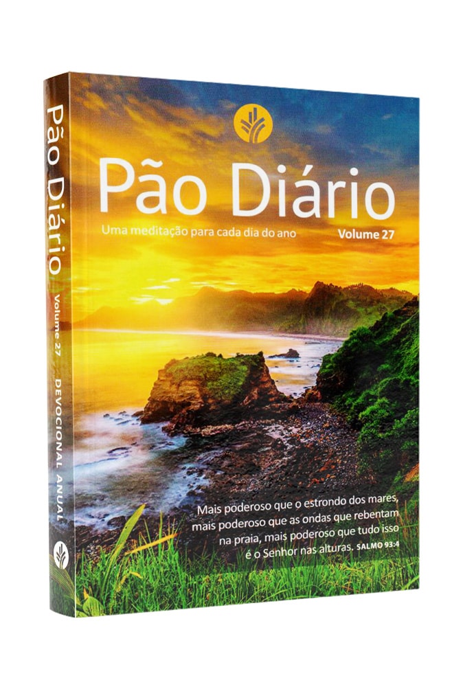 Devocional Pão Diário Vol. 27 Paisagem, capa com paisagem costeira e frase bíblica, azul e laranja — Plenitude