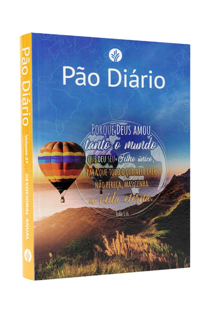 Devocional Pão Diário Vol. 27 Balão, capa com balão de ar quente e frase bíblica, azul e laranja — Plenitude