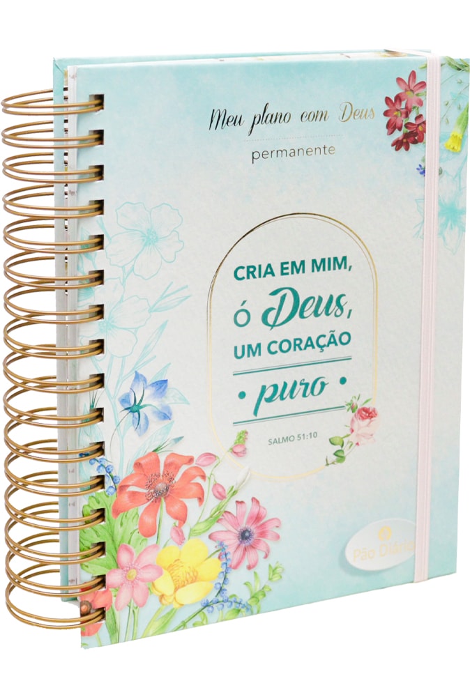 Planner Meu Plano com Deus, capa dura espiral com flores e fundo azul claro. — Plenitude