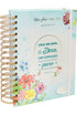 Planner Meu Plano com Deus, capa dura espiral com flores e fundo azul claro. — Plenitude