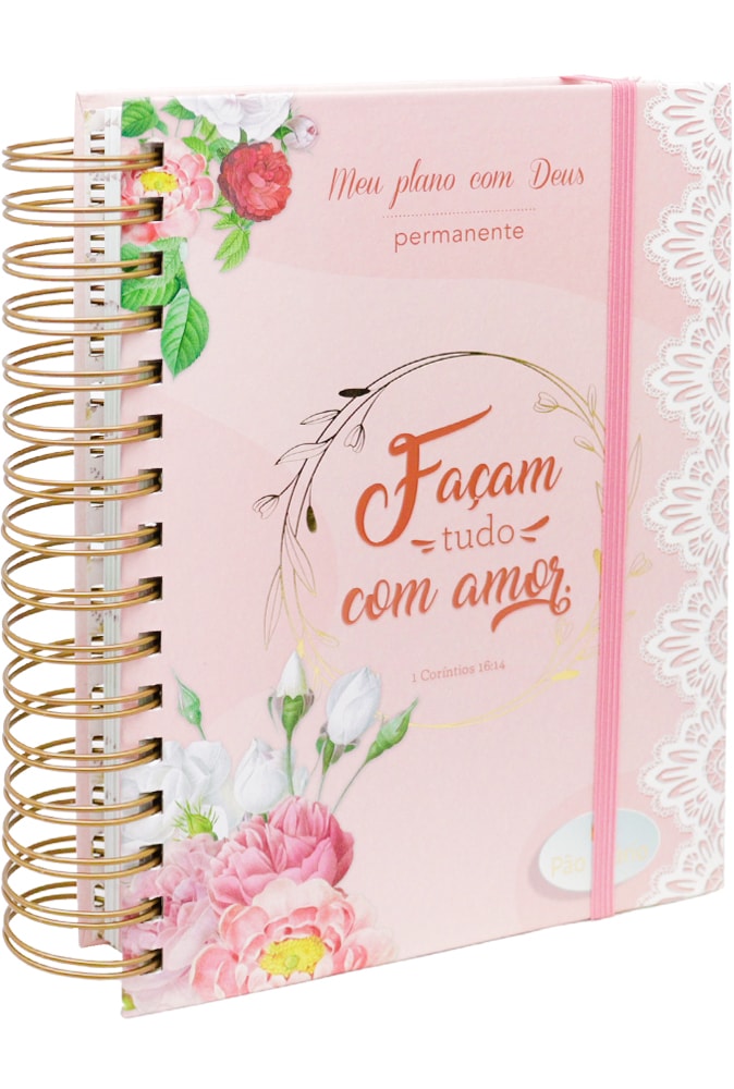 Planner "Meu Plano com Deus" com capa dura rosa floral, espiral dourada e elástico. — Plenitude