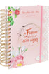 Planner "Meu Plano com Deus" com capa dura rosa floral, espiral dourada e elástico. — Plenitude