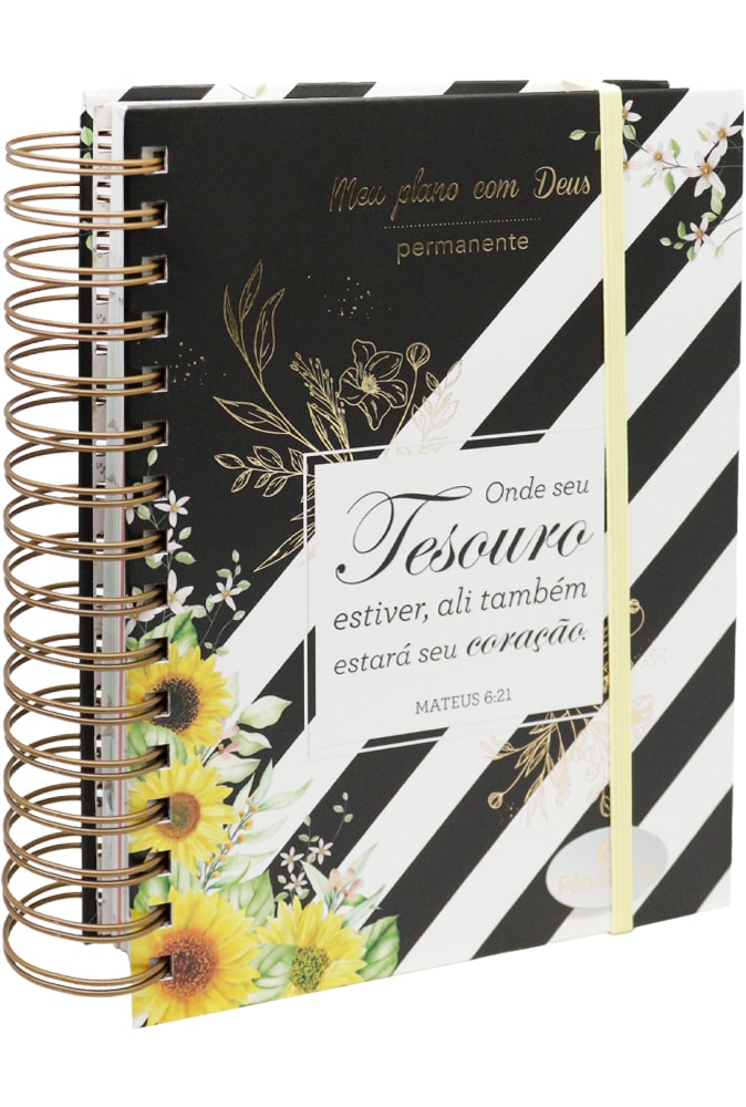 Planner Meu Plano com Deus, Tesouro, Capa Dura Espiral, preto e branco com detalhes florais e frase bíblica. — Plenitude