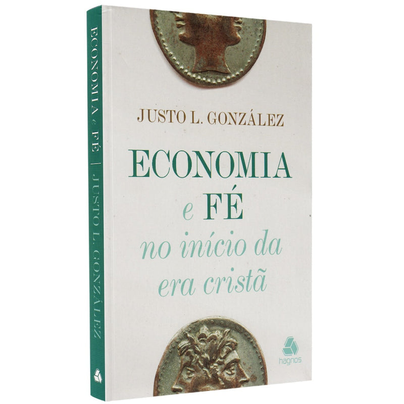 Livro "Economia e Fé no Inicio da Era Cristã" de Justo L. González, capa branca com moedas antigas. — Plenitude