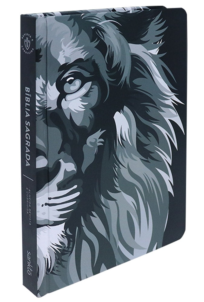 Bíblia Sagrada ARC, capa dura Lion Colors Black and White, com ilustração de leão em tons de cinza. — Plenitude