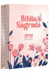 Bíblia Sagrada Almeida Revista e Corrigida, capa dura espiral rosa com flores cartoon, Harpa e Corinhos, pautas para anotações — Plenitude
