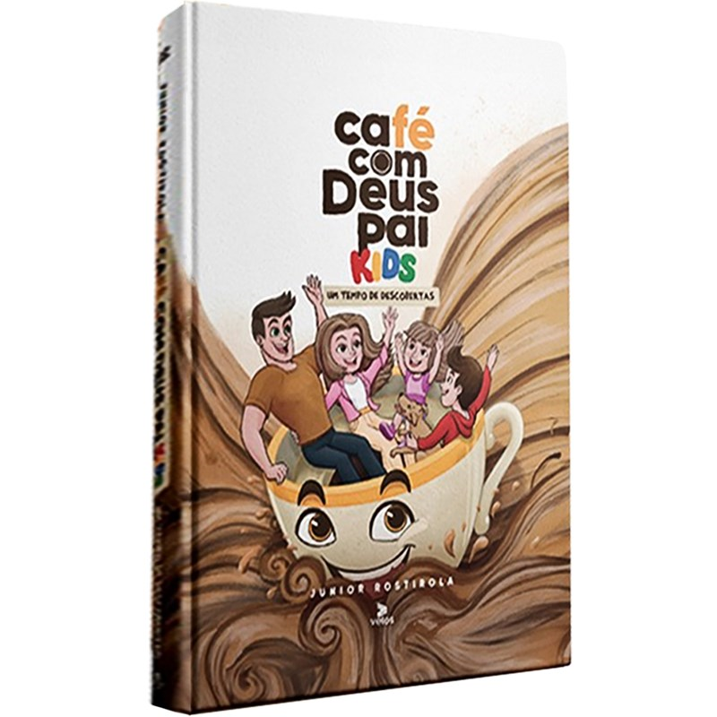 Livro Café com Deus Pai Kids, de Junior Rostirola, capa marrom com crianças em xícara de café. — Plenitude
