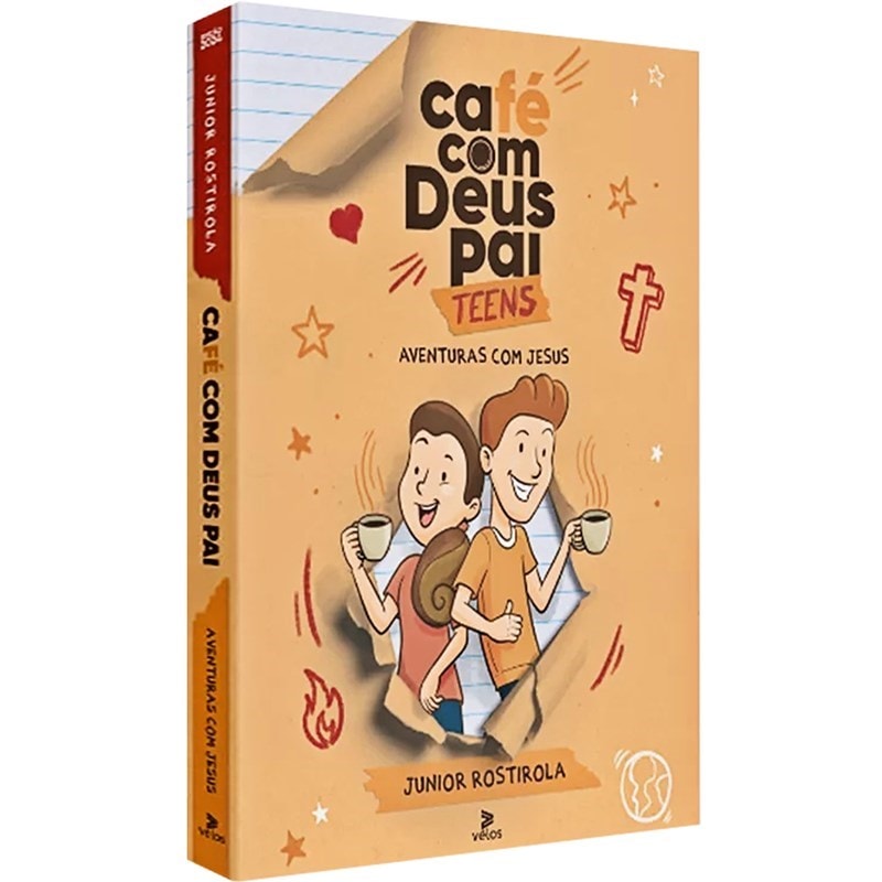 Livro Café com Deus Pai Teens, de Junior Rostirola, capa bege com dois adolescentes e xícaras de café. — Plenitude