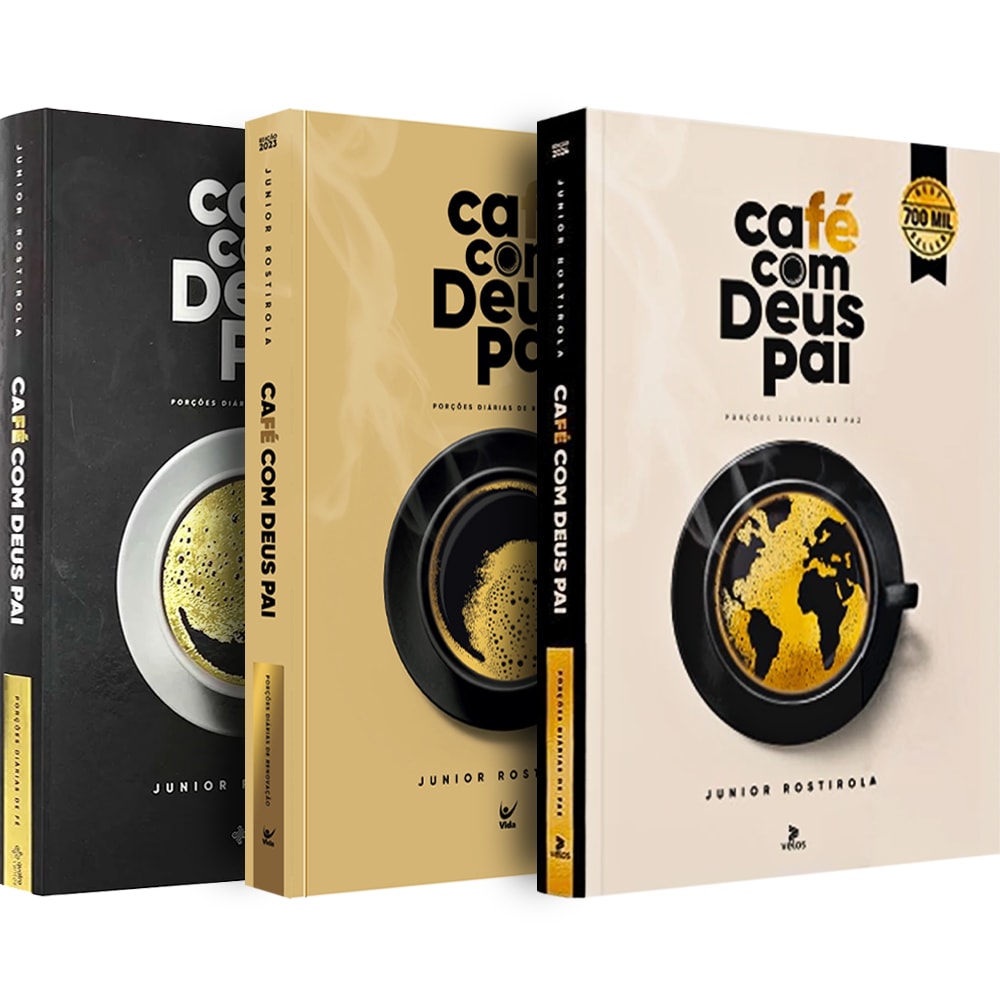 Kit de 3 livros "Café com Deus Pai" de Junior Rostirola, capas em preto, dourado e bege com xícaras de café. — Plenitude