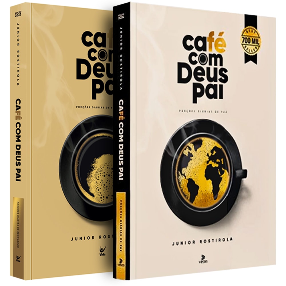 Kit de 2 livros "Café com Deus Pai" de Junior Rostirola, capas em dourado e bege com xícaras de café. — Plenitude